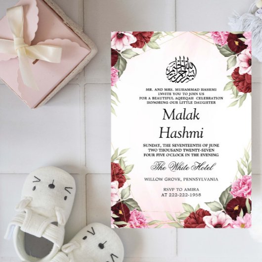 Invitation Filles Aqiqa Rouge Floral Bébé islamique Aqeeqah