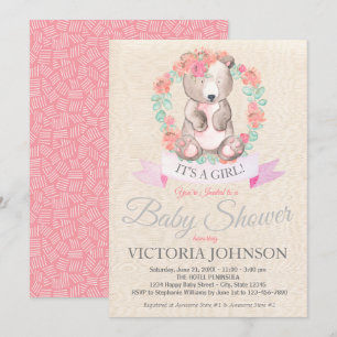 Invitation Filles Aquarelle Floral Baby shower de l'ours bébé