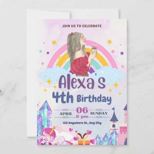 Invitation Filles Arc-en-ciel colorées Fête d'anniversaire (Devant)