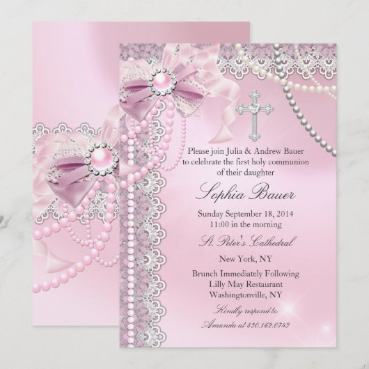 Invitation Filles Arc Rose Perle Sainte Communion (Devant / Derrière)