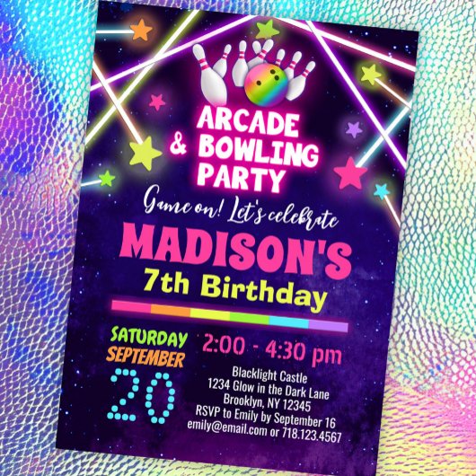 Invitation Filles Arcade et Bowling Party Anniversaire