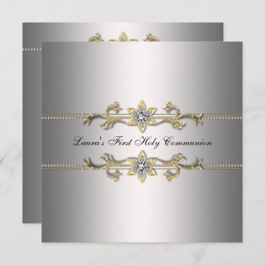 Invitation Filles Argent Première Sainte Communion (Devant / Derrière)