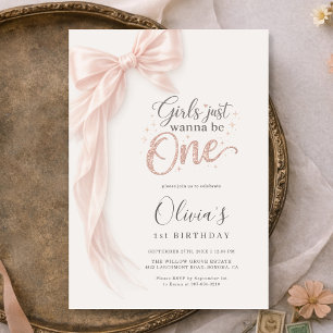 Invitation Filles au Nœud Rose Just Wanna be One 1er Annivers