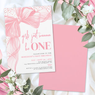 Invitation Filles au Nœud Rose Juste Vouloir Être UN 1er Anni