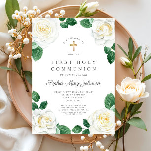 Invitation Filles aux roses aquarelle blanche florale Premièr