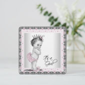 Invitation Filles Baby shower rose et gris lin (Debout devant)