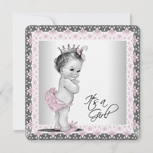 Invitation Filles Baby shower rose et gris lin (Devant)