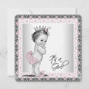 Invitation Filles Baby shower rose et gris lin