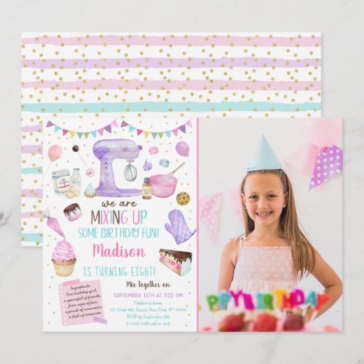 Invitation Filles Baking Party Pink Gold Cake Cupcake Anniver (Devant / Derrière)