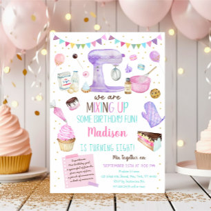 Invitation Filles Baking Party Pink Gold Cake Cupcake Anniver
