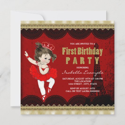 Invitation Filles Ballerina Vintage Paris Première fête d'ann (Devant)