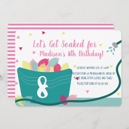 Invitation Filles Ballons d'eau combat Anniversaire rose (Devant / Derrière)