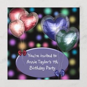 Invitation Filles Ballons Rose Violet 7ème Anniversaire
