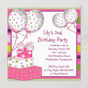 Invitation Filles Ballons Roses Fête d'anniversaire 2 ans