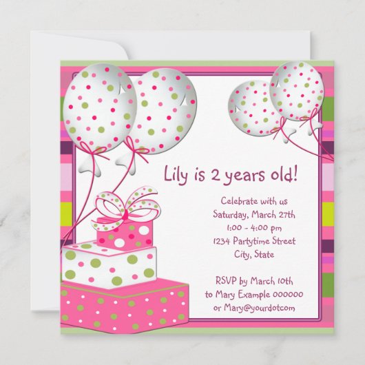 Invitation Filles Ballons Roses Fête d'anniversaire Rose et V (Devant)