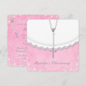 Invitation Filles Baptême Rose et Gris (Devant / Derrière)