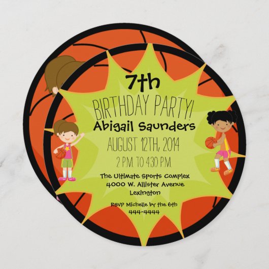 Invitation Filles Basketball Custom Birthday Circle Invitatio (Devant / Derrière)