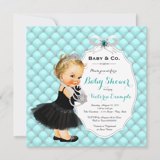 Invitation Filles Bébé & Co Black Turquoise Baby shower bleu (Devant)