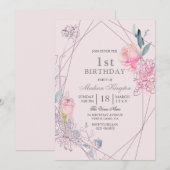 Invitation Filles Bébé rose mignon Floral Géométrique 1er ann (Devant / Derrière)