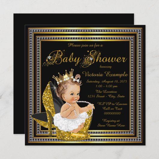 Invitation Filles Black Gold Baby shower haut talon (Devant / Derrière)