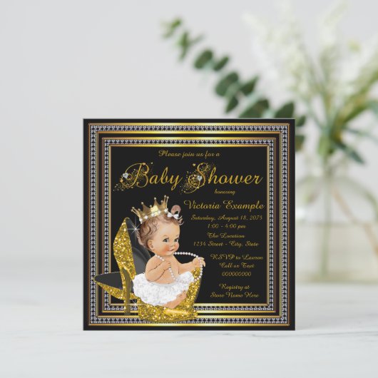 Invitation Filles Black Gold Baby shower haut talon (Debout devant)
