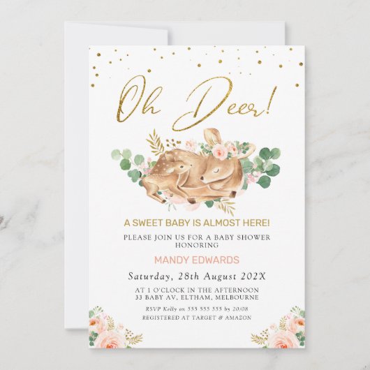 Invitation Filles Blush Floral Oh Deer Deer Baby shower (Devant)