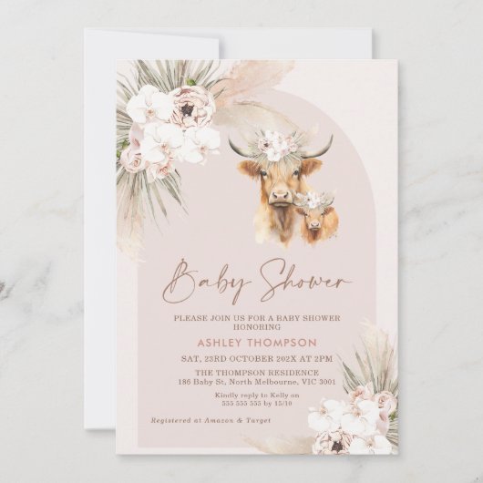Invitation Filles Boho Arc Floral Highland Baby shower de vac (Devant)