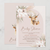 Invitation Filles Boho Arc Floral Highland Baby shower de vac (Devant / Derrière)