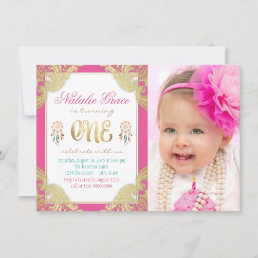 Invitation Filles Boho premier anniversaire (Devant)