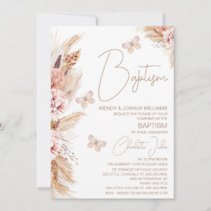 Invitation Filles Boho rose papillons floraux Baptême