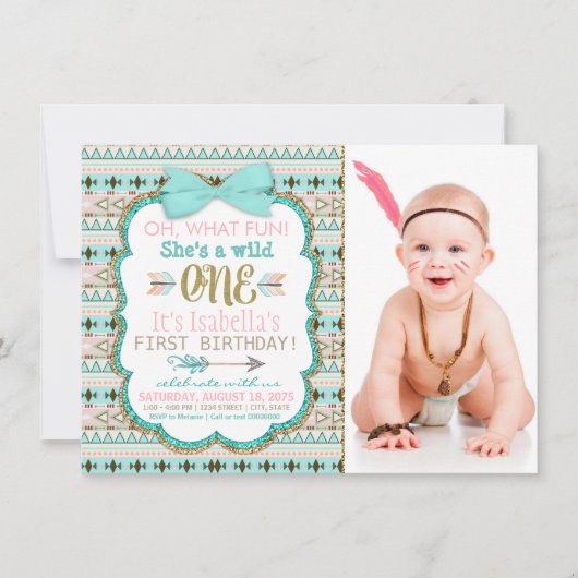 Invitation Filles Boho Tribal 1er anniversaire (Devant)