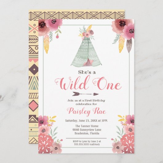 Invitation Filles Boho Wild One Premier anniversaire (Devant / Derrière)