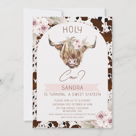Invitation Filles Brown Highland Cow Imprimer 16e anniversair (Devant)