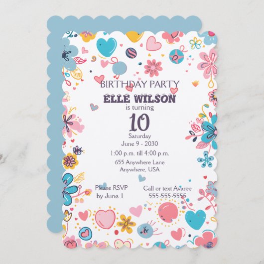 Invitation Filles Cadre floral 10e anniversaire de fête Invit (Devant / Derrière)