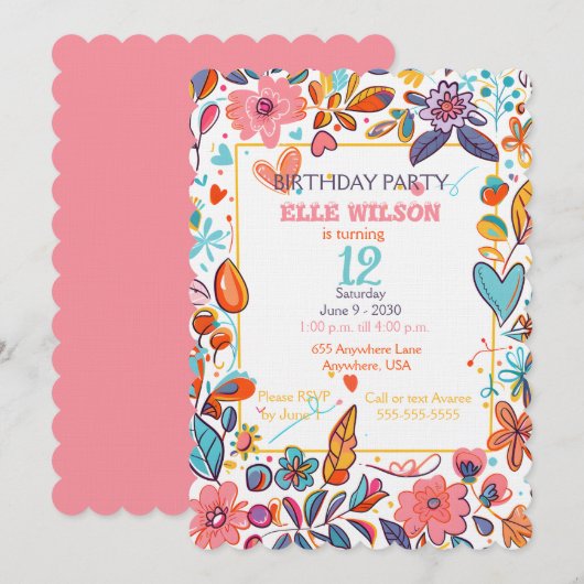 Invitation Filles Cadre floral 12e anniversaire de fête Invit (Devant / Derrière)