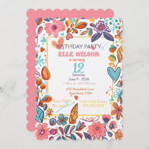 Invitation Filles Cadre floral 12e anniversaire de fête Invit