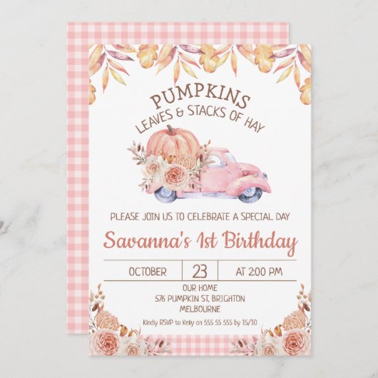 Invitation Filles Camion Citrouille Autumn Foliage Floral Ann (Devant / Derrière)