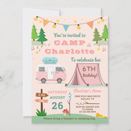 Invitation Filles Camping Anniversaire Camp extérieur (Devant)