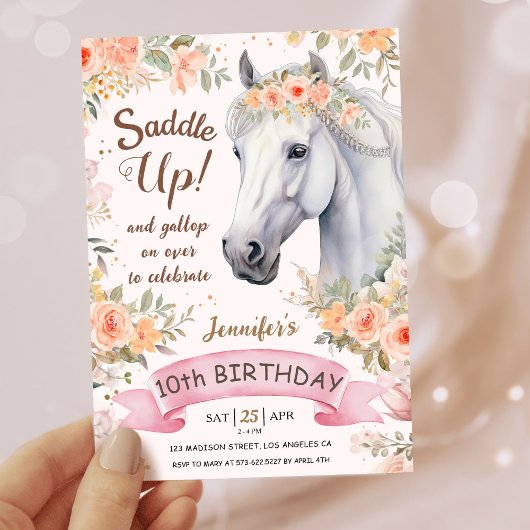 Invitation Filles Cheval 10e anniversaire Pink Floral Saddle 