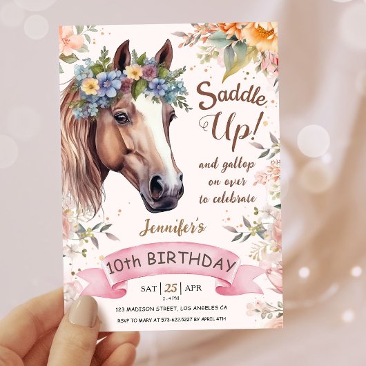 Invitation Filles Cheval 10e anniversaire Pink Floral Saddle 