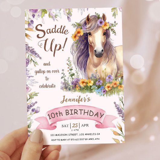 Invitation Filles Cheval 10e anniversaire Purple Floral Saddl