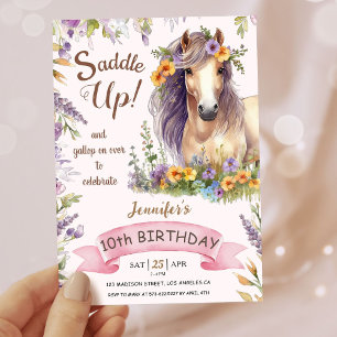 Invitation Filles Cheval 10e Anniversaire Violet Floral Saddl