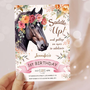 Invitation Filles Cheval 1er Anniversaire Femme rose Saddup