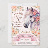 Invitation Filles Cheval 1er Anniversaire Fleurs Roses Saddup (Devant)