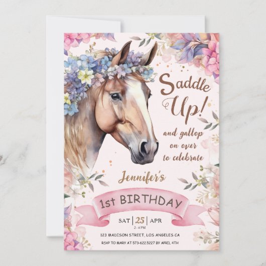 Invitation Filles Cheval 1er Anniversaire Floral Saddup! (Devant)