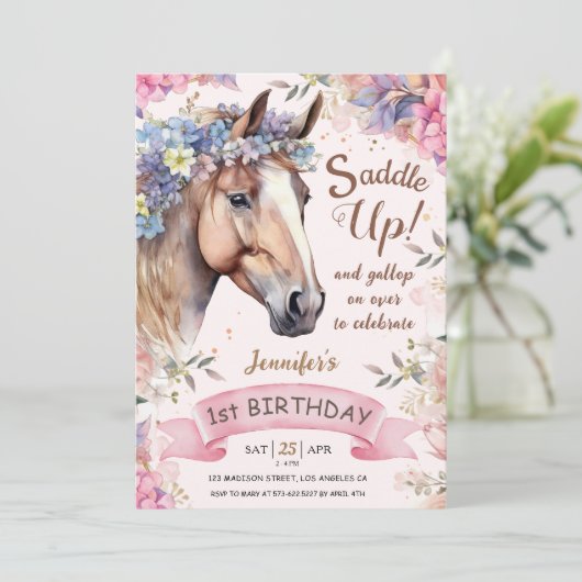 Invitation Filles Cheval 1er Anniversaire Floral Saddup! (Debout devant)