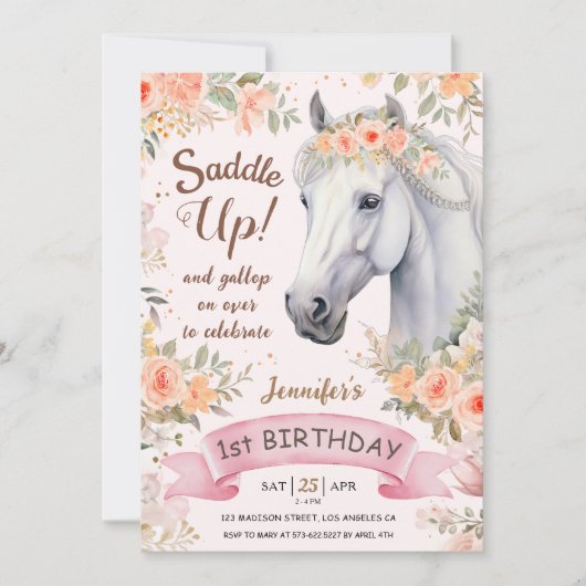 Invitation Filles Cheval 1er anniversaire Pink Floral Saddup (Devant)