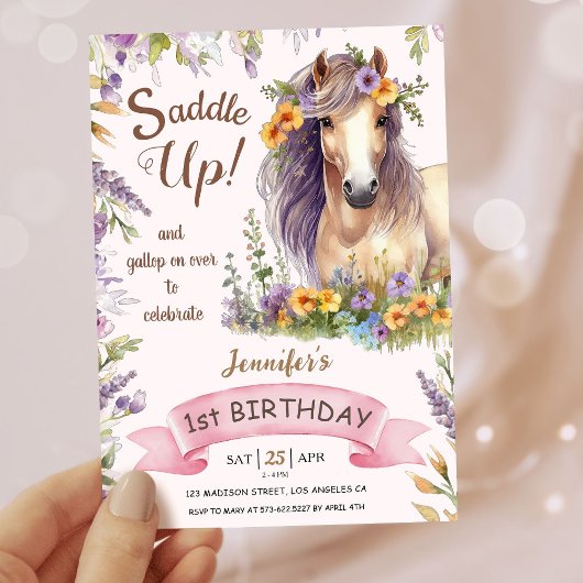 Invitation Filles Cheval 1er Anniversaire Purple Floral Saddu