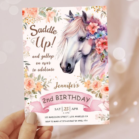 Invitation Filles Cheval 2e Anniversaire Fleurs roses Saddup!