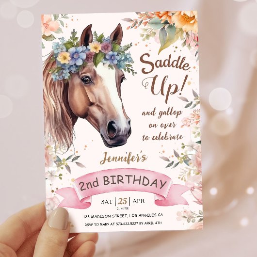 Invitation Filles Cheval 2e anniversaire Pink Floral Saddup
